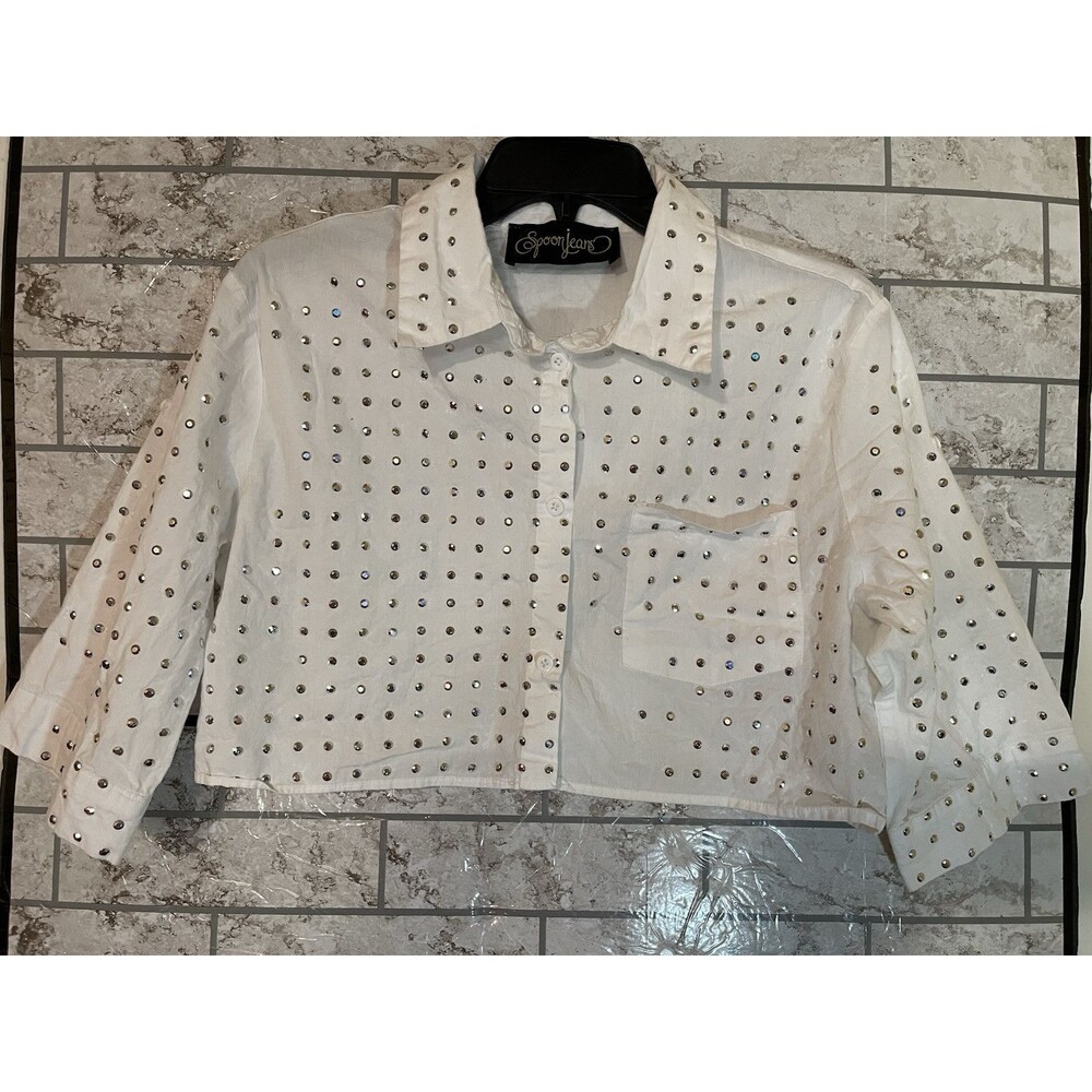 SpoonJeans Women’s Studded CropTop Size L White Button Front Rhinestone Glam Y2K
